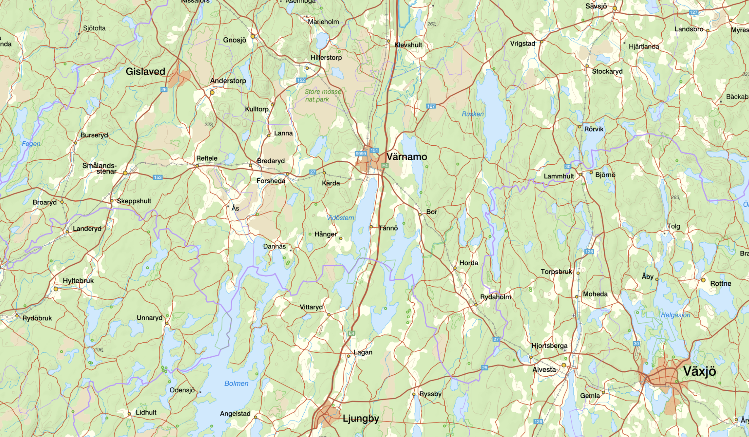 Karta över Småland med Värnamo i centrum